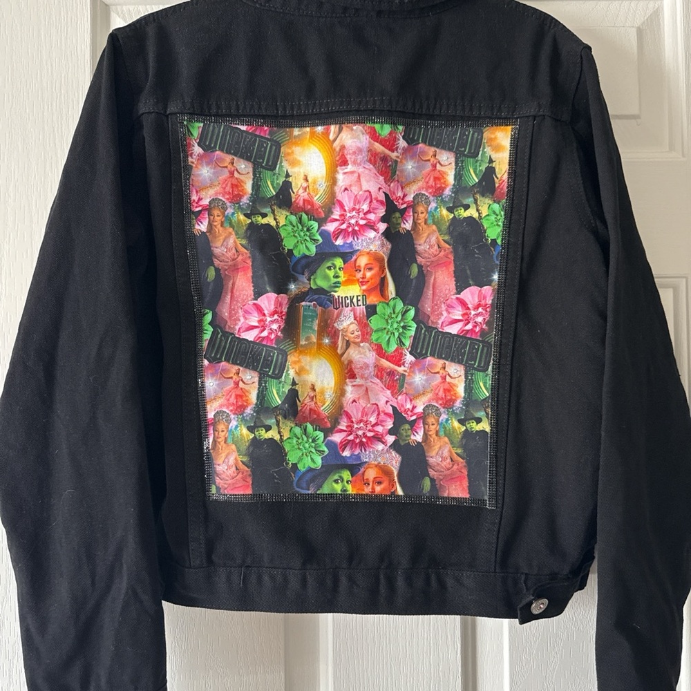Women's Custom Black Denim Jacket Wicked themed with rhinestone details